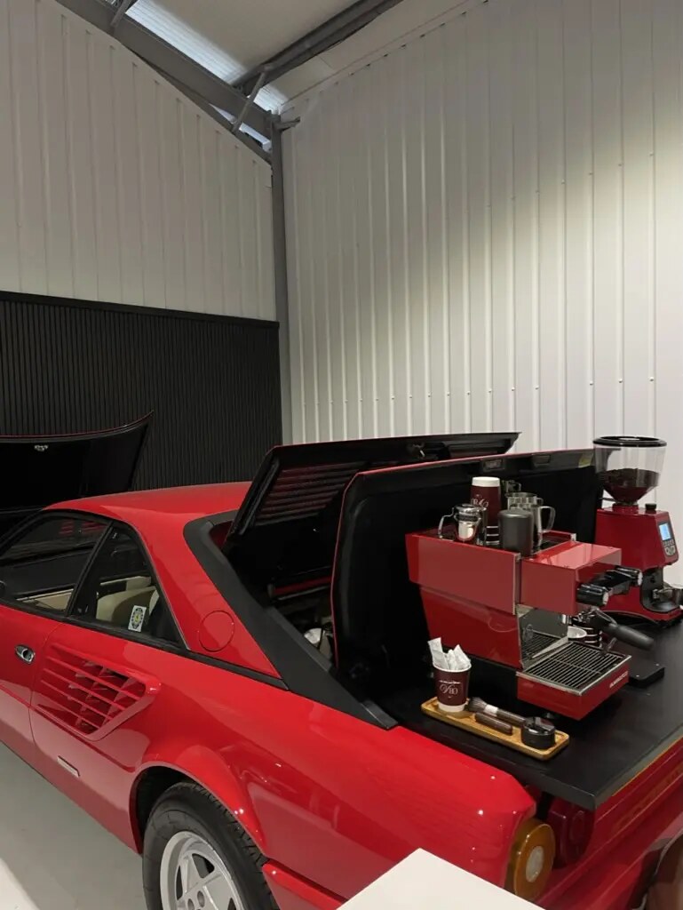 V80 Ferrari open-boot coffee station in the studio